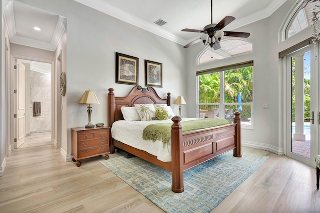 506 Corsair Dr, North Palm Beach, FL 33408 - bedroom with access to outside, multiple windows, baseboards, light wood-style floors, and ornamental molding