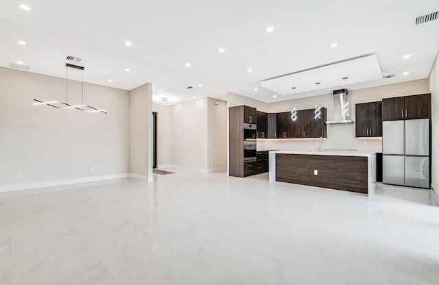 2929 Lorene Dr, Palm Springs, FL 33461 - kitchen featuring wall chimney exhaust hood, open floor plan, light countertops, modern cabinets, and dark brown cabinetry
