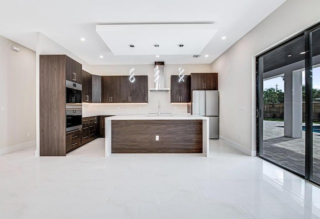 2929 Lorene Dr, Palm Springs, FL 33461 - kitchen with stainless steel appliances, wall chimney range hood, dark brown cabinets, light countertops, and modern cabinets