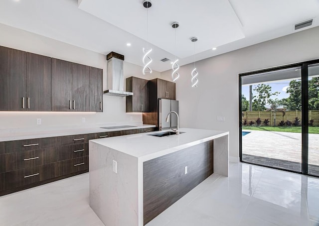 2929 Lorene Dr, Palm Springs, FL 33461 - kitchen with modern cabinets, wall chimney exhaust hood, a sink, dark brown cabinetry, and recessed lighting