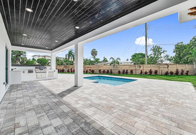 2929 Lorene Dr, Palm Springs, FL 33461 - view of pool with an outdoor kitchen, a fenced backyard, a patio, and area for grilling
