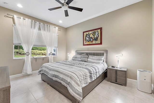 9319 Silver Shores Ln, Boynton Beach, FL 33473 - bedroom with baseboards, recessed lighting, tile patterned flooring, and ceiling fan