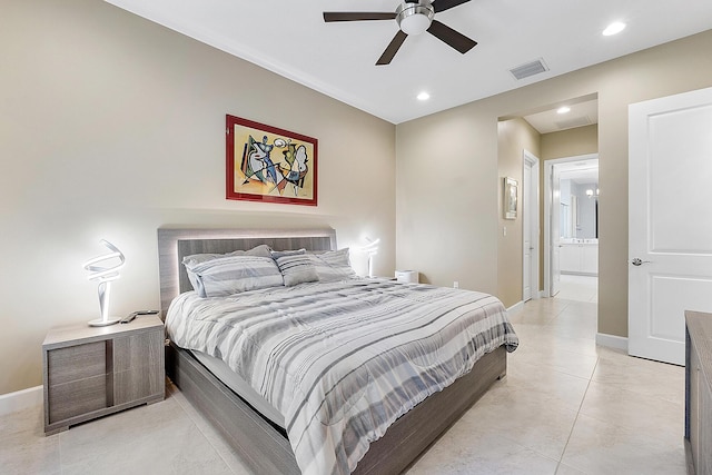 9319 Silver Shores Ln, Boynton Beach, FL 33473 - bedroom with recessed lighting, baseboards, ensuite bathroom, light tile patterned flooring, and ceiling fan