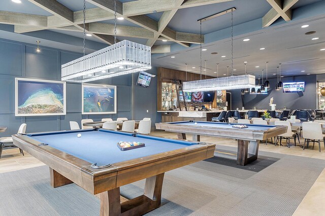 9319 Silver Shores Ln, Boynton Beach, FL 33473 - playroom with billiards table, a community bar, coffered ceiling, beam ceiling, and recessed lighting