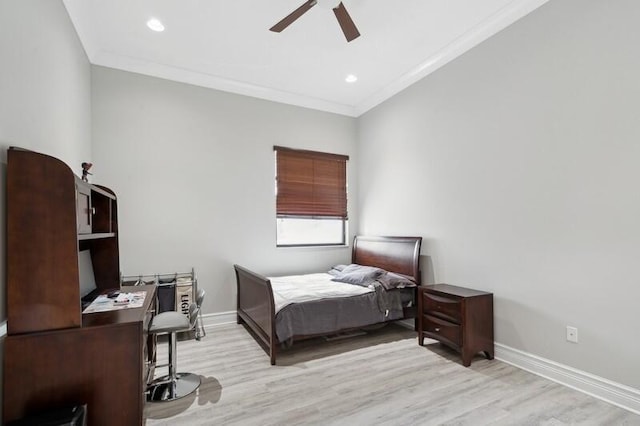 bedroom featuring ornamental molding, baseboards, light wood finished floors, an office area, and recessed lighting