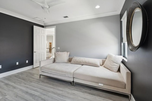 bedroom featuring ornamental molding, baseboards, wood finished floors, recessed lighting, and ceiling fan