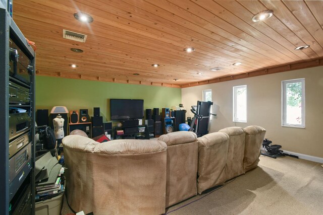 11151 88th Rd N, Palm Beach Gardens, FL 33412 - carpeted living room with wood ceiling, recessed lighting, and baseboards