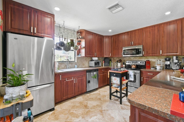 11151 88th Rd N, Palm Beach Gardens, FL 33412 - kitchen featuring stainless steel appliances, a sink, backsplash, open shelves, and recessed lighting
