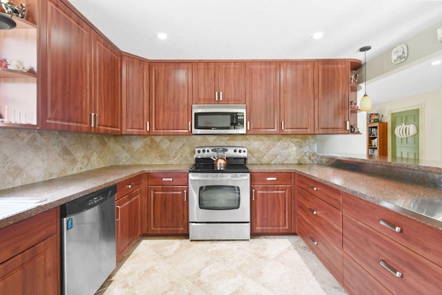 11151 88th Rd N, Palm Beach Gardens, FL 33412 - kitchen with stainless steel appliances, open shelves, hanging light fixtures, decorative backsplash, and recessed lighting