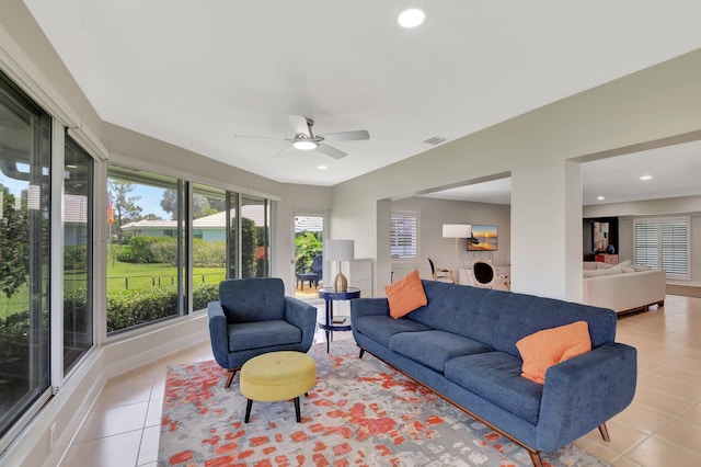 5 Slash Pine Dr, Boynton Beach, FL 33436 - living area with light tile patterned flooring, a ceiling fan, and recessed lighting