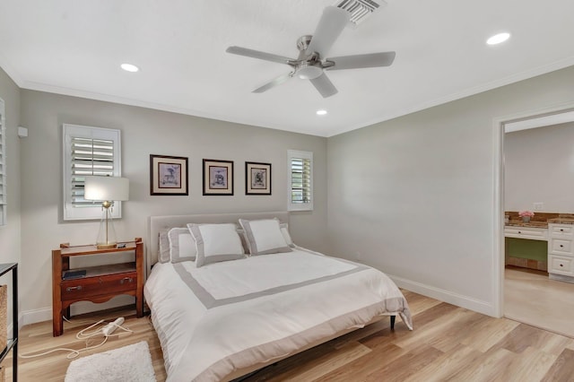 5 Slash Pine Dr, Boynton Beach, FL 33436 - bedroom featuring light wood-style flooring, recessed lighting, crown molding, baseboards, and ceiling fan