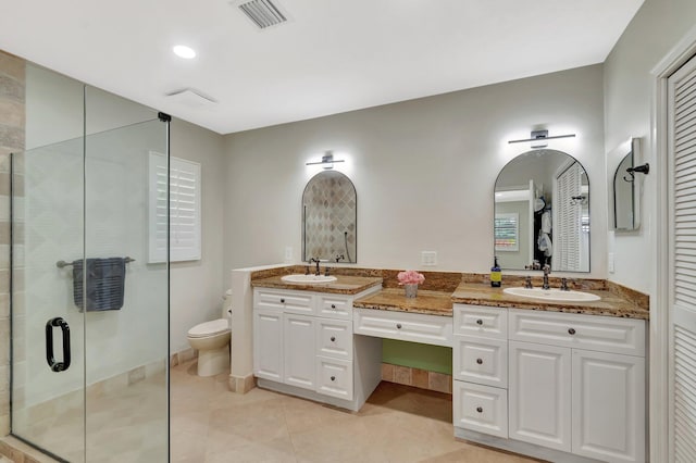 5 Slash Pine Dr, Boynton Beach, FL 33436 - bathroom with double vanity, a shower stall, toilet, and tile patterned flooring