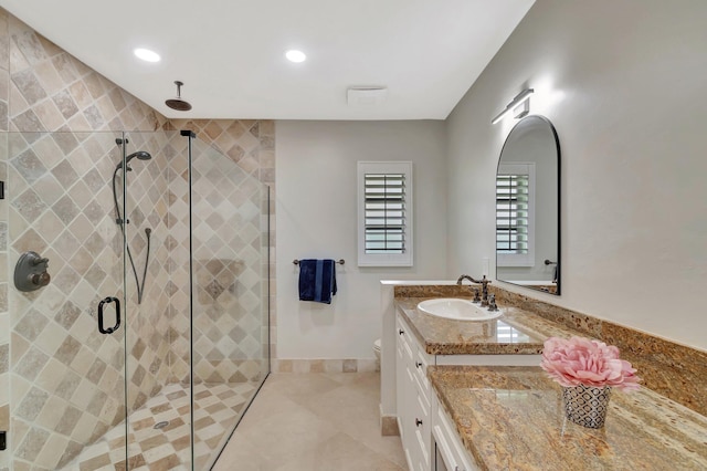 5 Slash Pine Dr, Boynton Beach, FL 33436 - full bath with vanity, a stall shower, toilet, tile patterned floors, and recessed lighting