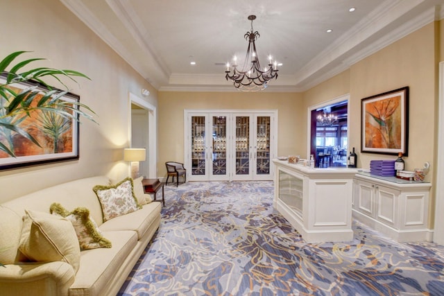 5 Slash Pine Dr, Boynton Beach, FL 33436 - living area with a chandelier, light colored carpet, ornamental molding, a raised ceiling, and french doors