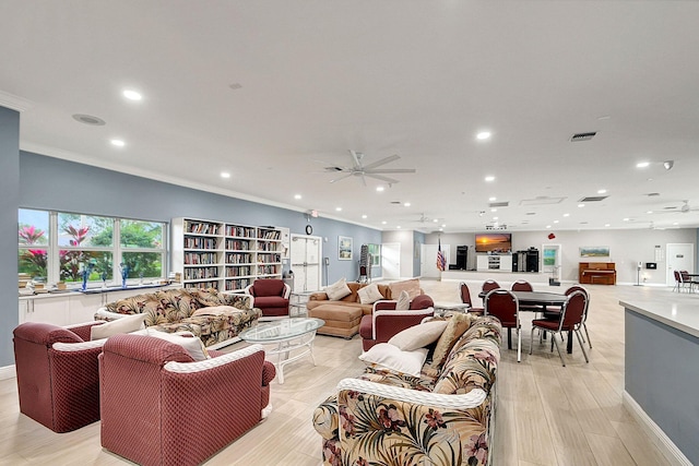 410 High Point Dr Unit C, Delray Beach, FL 33445 - living room featuring recessed lighting, ceiling fan, light wood-style floors, and crown molding