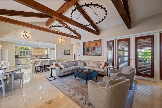 2 Firestone Cir, West Palm Beach, FL 33401 - living area with a chandelier, beam ceiling, french doors, and high vaulted ceiling