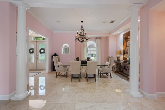 2 Firestone Cir, West Palm Beach, FL 33401 - dining space with crown molding, a chandelier, french doors, light marble finish flooring, and ornate columns