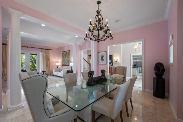 2 Firestone Cir, West Palm Beach, FL 33401 - dining room featuring decorative columns, crown molding, french doors, light marble finish flooring, and baseboards