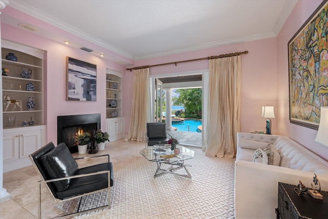 2 Firestone Cir, West Palm Beach, FL 33401 - living area featuring built in features, crown molding, a lit fireplace, and tile patterned floors