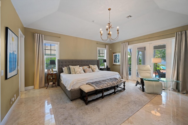 2 Firestone Cir, West Palm Beach, FL 33401 - bedroom featuring light marble finish floors, a chandelier, access to outside, vaulted ceiling, and baseboards