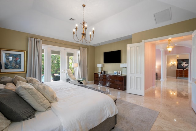 2 Firestone Cir, West Palm Beach, FL 33401 - bedroom with french doors, access to exterior, light marble finish floors, a chandelier, and baseboards