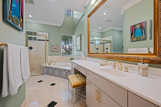 2 Firestone Cir, West Palm Beach, FL 33401 - full bath with ornamental molding, vanity, a garden tub, a stall shower, and recessed lighting