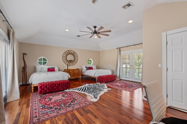 2 Firestone Cir, West Palm Beach, FL 33401 - bedroom featuring access to exterior, french doors, wood finished floors, a ceiling fan, and recessed lighting