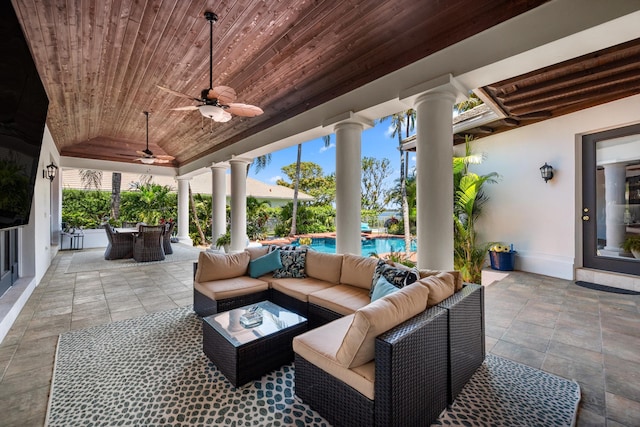2 Firestone Cir, West Palm Beach, FL 33401 - view of patio / terrace with outdoor dining space, an outdoor hangout area, an outdoor pool, and ceiling fan