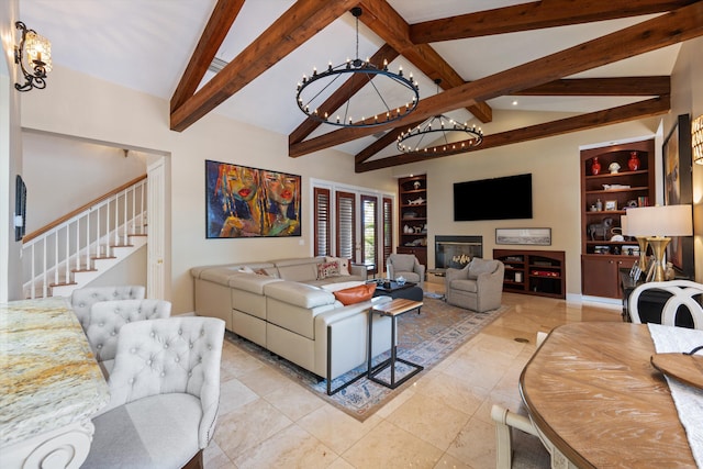 2 Firestone Cir, West Palm Beach, FL 33401 - living room with a chandelier, stairs, built in features, and light tile patterned floors