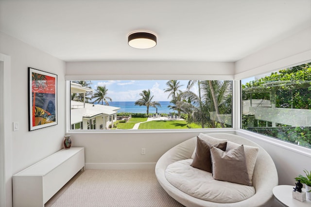 3401 S Ocean Blvd Unit 6, Highland Beach, FL 33487 - living area with a water view, carpet flooring, and baseboards