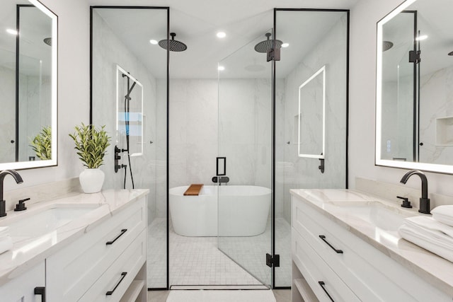 3401 S Ocean Blvd Unit 6, Highland Beach, FL 33487 - full bath with two vanities, a stall shower, a soaking tub, tile patterned flooring, and recessed lighting