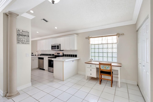 1833 Barnstable Rd, Wellington, FL 33414 - kitchen with stainless steel appliances, crown molding, a peninsula, decorative columns, and light countertops