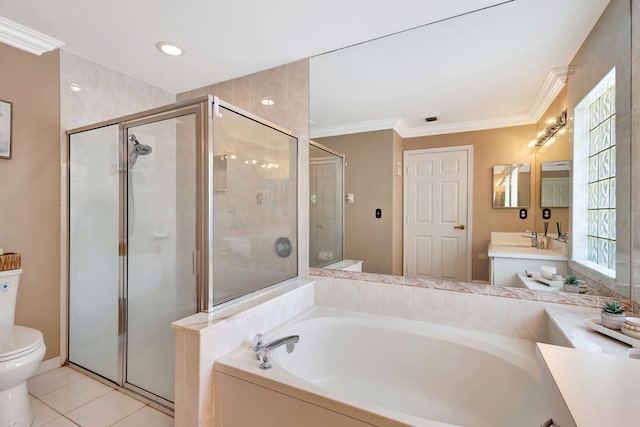 1833 Barnstable Rd, Wellington, FL 33414 - full bathroom featuring toilet, a bath, vanity, a shower stall, and crown molding