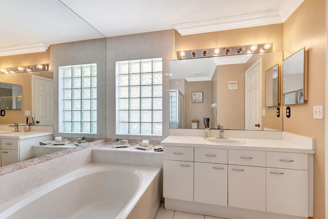 1833 Barnstable Rd, Wellington, FL 33414 - bathroom featuring a bath, crown molding, healthy amount of natural light, and two vanities