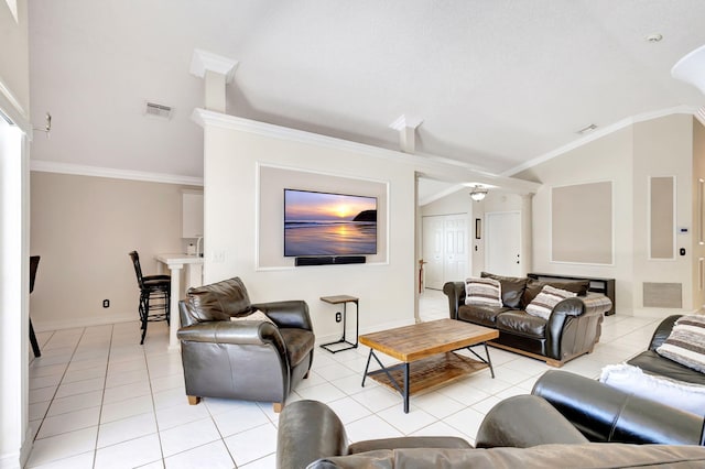 1833 Barnstable Rd, Wellington, FL 33414 - living room featuring lofted ceiling, light tile patterned floors, baseboards, and crown molding