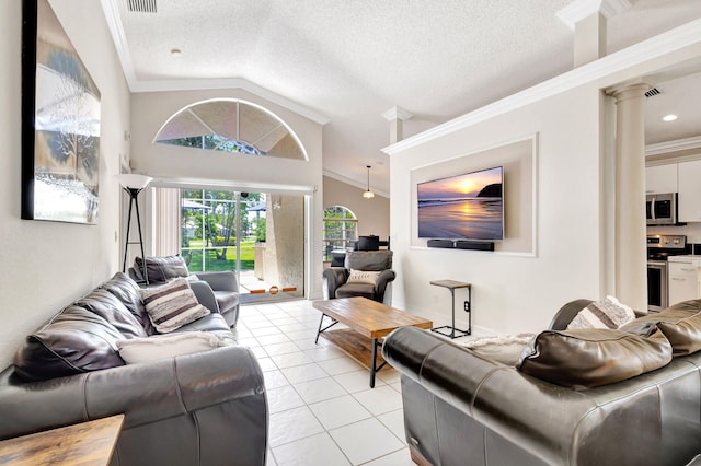 1833 Barnstable Rd, Wellington, FL 33414 - living area with lofted ceiling, light tile patterned flooring, crown molding, a textured ceiling, and decorative columns