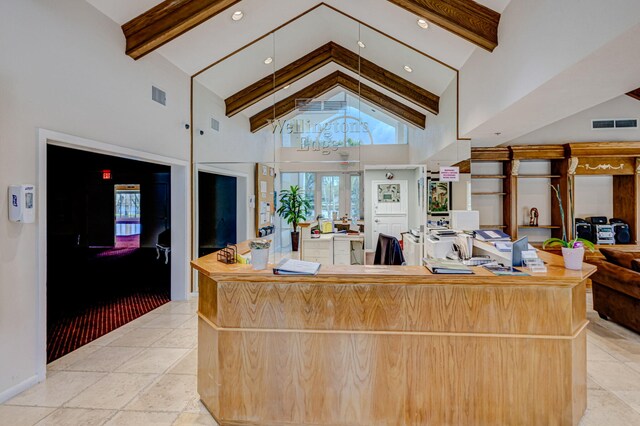 1833 Barnstable Rd, Wellington, FL 33414 - office area featuring beam ceiling, high vaulted ceiling, french doors, and recessed lighting