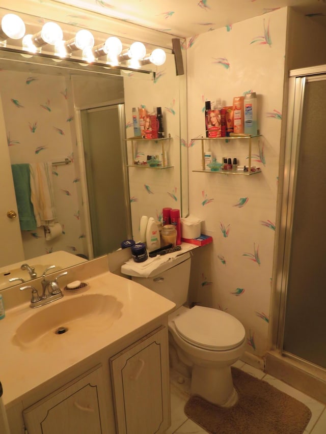 9233 SW 8th St Unit 207, Boca Raton, FL 33428 - bathroom featuring a shower stall, tile patterned flooring, and vanity