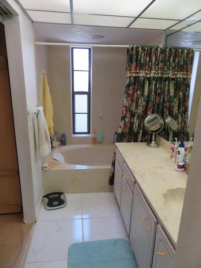 9233 SW 8th St Unit 207, Boca Raton, FL 33428 - bathroom featuring a bathtub, vanity, marble look tile flooring, and curtained shower