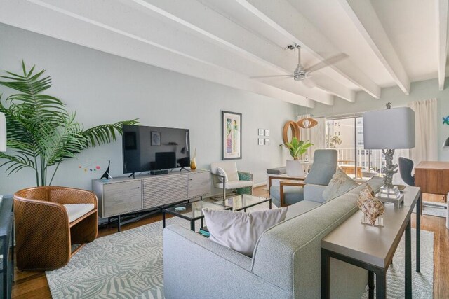 3500 S Ocean Blvd Unit 308, South Palm Beach, FL 33480 - living room featuring wood finished floors, a ceiling fan, and beam ceiling