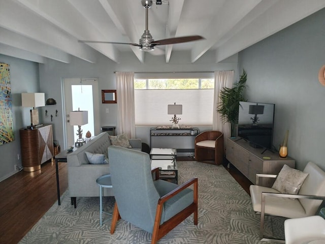 3500 S Ocean Blvd Unit 308, South Palm Beach, FL 33480 - living room featuring ceiling fan, wood finished floors, and beam ceiling