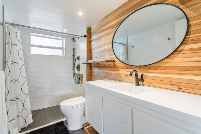 3500 S Ocean Blvd Unit 308, South Palm Beach, FL 33480 - bathroom with wooden walls, toilet, curtained shower, vanity, and recessed lighting