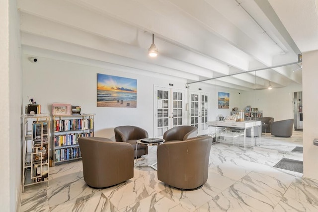 3500 S Ocean Blvd Unit 308, South Palm Beach, FL 33480 - living area featuring french doors, ceiling fan, beamed ceiling, and marble finish flooring