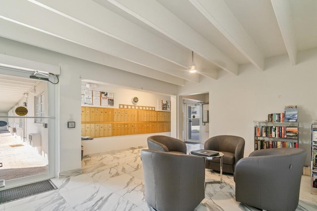 3500 S Ocean Blvd Unit 308, South Palm Beach, FL 33480 - living area featuring marble look tiles and beamed ceiling