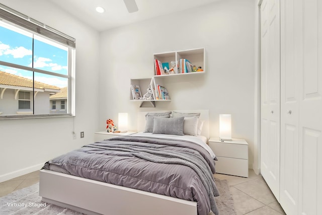 1246 Via De Fossi, Boynton Beach, FL 33426 - bedroom with light tile patterned floors, baseboards, a ceiling fan, and recessed lighting