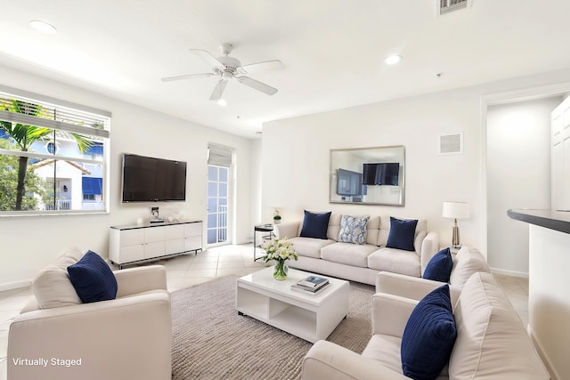 1246 Via De Fossi, Boynton Beach, FL 33426 - living area featuring healthy amount of natural light, light tile patterned floors, ceiling fan, baseboards, and recessed lighting