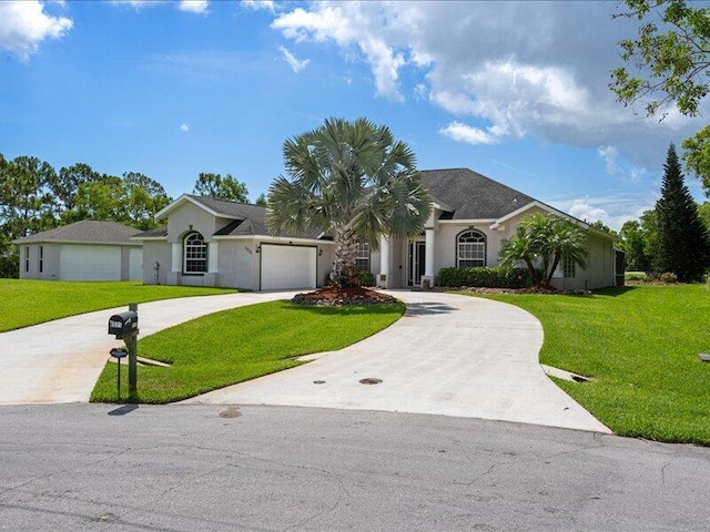 6575 NW Pomona Ct, Port Saint Lucie, FL 34983 - ranch-style house with curved driveway, a front lawn, a garage, and stucco siding