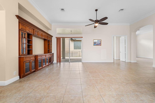 11218 Osprey Lake Ln, Palm Beach Gardens, FL 33412 - unfurnished room with a ceiling fan, crown molding, arched walkways, and light tile patterned floors