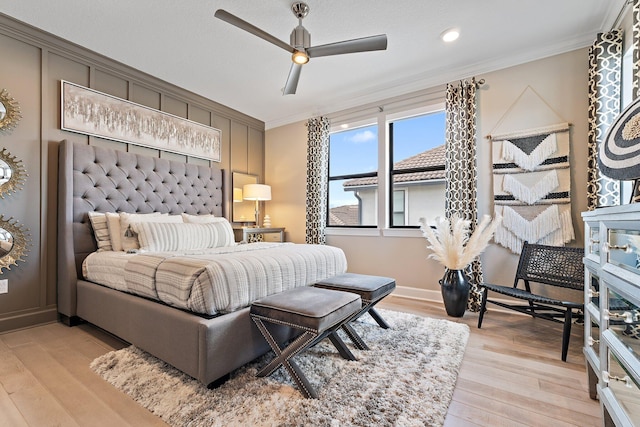 122 Cerulean Key Way, Jupiter, FL 33478 - bedroom featuring ornamental molding, light wood-style floors, baseboards, recessed lighting, and ceiling fan