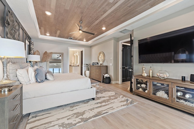 122 Cerulean Key Way, Jupiter, FL 33478 - bedroom with a raised ceiling, wooden ceiling, light wood finished floors, baseboards, and ensuite bathroom